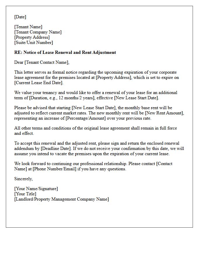 Formal Corporate Lease Renewal with Rent Increase Letter