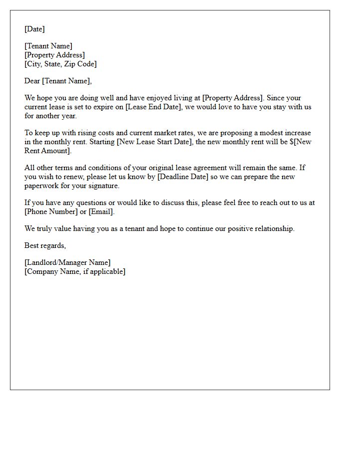 Friendly Tenant Lease Renewal Notice with Rent Increase Letter