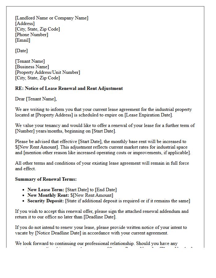 Industrial Property Lease Renewal and Rent Increase Letter