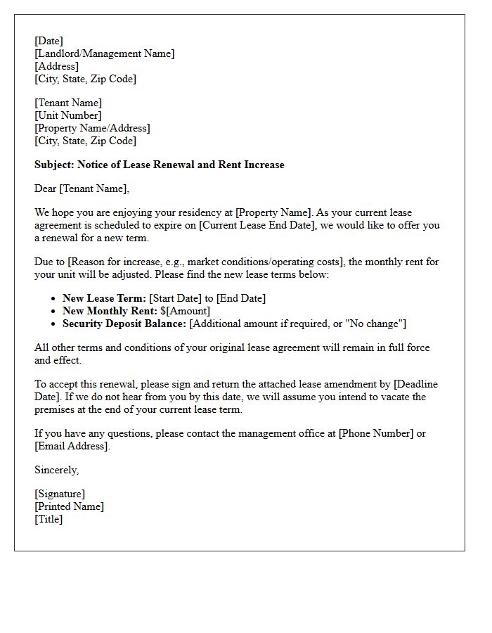 Multi-Family Unit Lease Renewal with Rent Increase Letter
