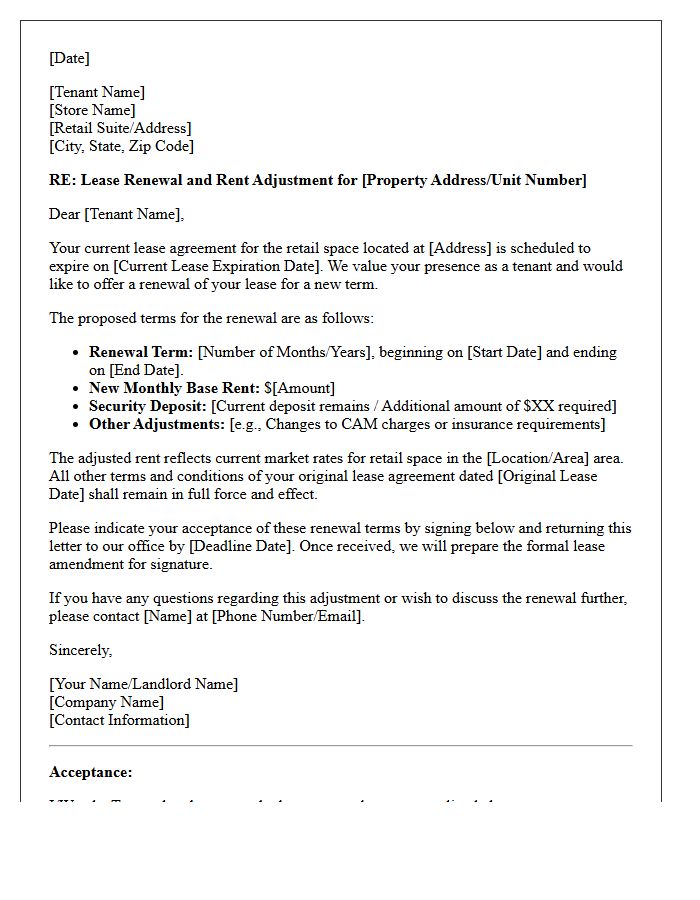 Retail Space Lease Renewal and Rent Adjustment Letter