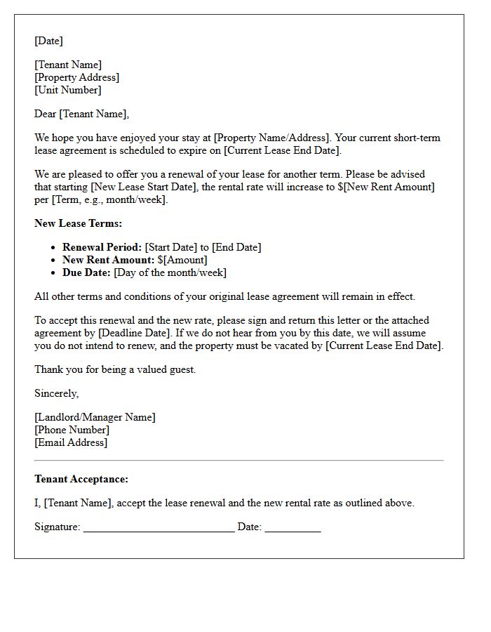 Short-Term Rental Lease Renewal with Rent Increase Letter