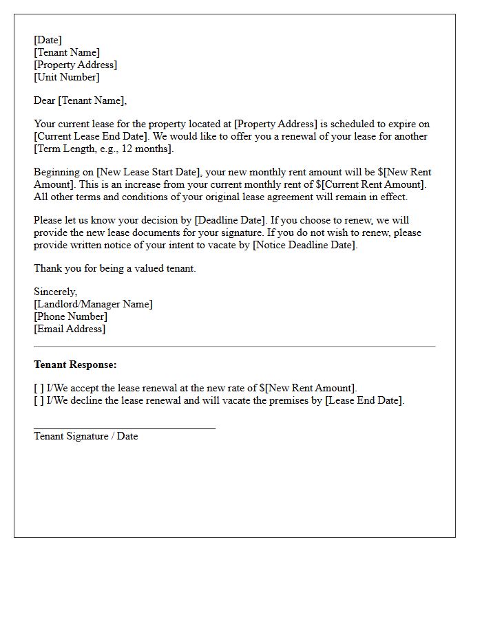 Standard Residential Lease Renewal with Rent Increase Letter