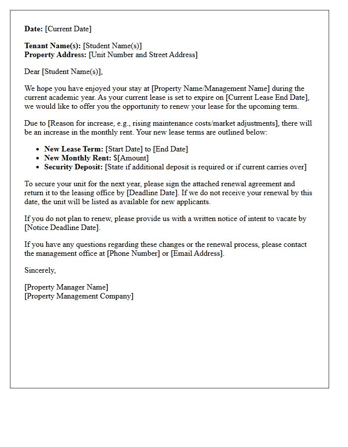 Student Housing Lease Renewal and Rent Increase Letter