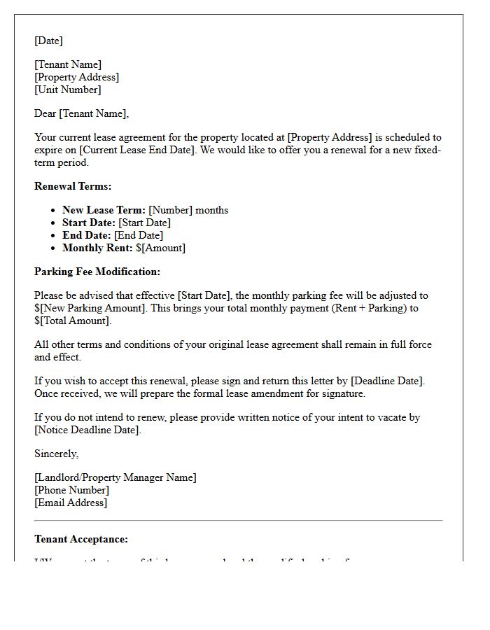 Fixed-Term Lease Renewal with Parking Fee Modification Letter