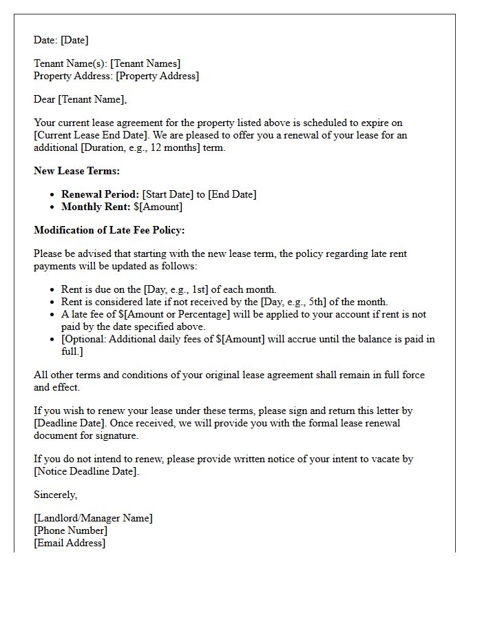 Lease Renewal with Late Fee Policy Modification Letter