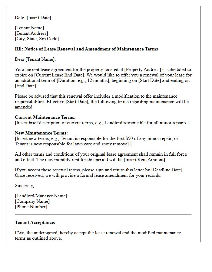 Lease Renewal with Maintenance Terms Modification Letter
