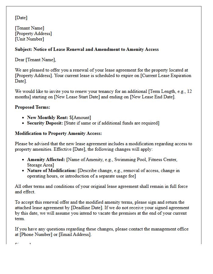 Lease Renewal with Property Amenity Access Modification Letter