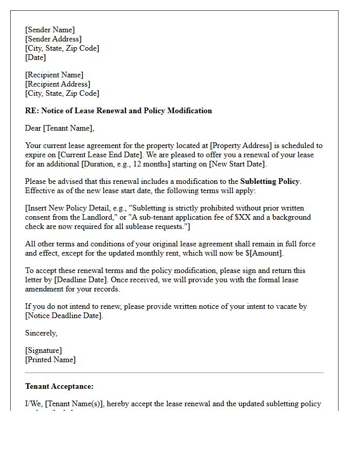 Lease Renewal with Subletting Policy Modification Letter