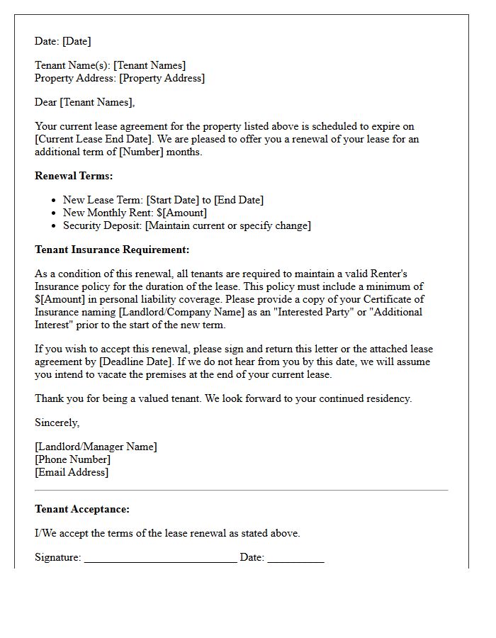 Lease Renewal with Tenant Insurance Requirement Letter