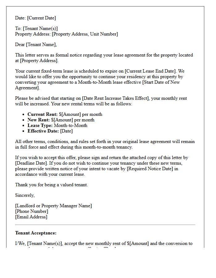Rent Increase Month-To-Month Lease Conversion Offer Letter