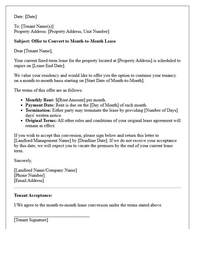 Standard Month-To-Month Lease Conversion Offer Letter