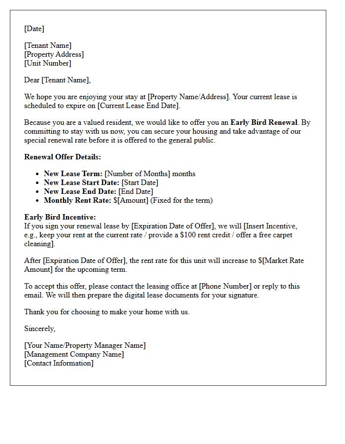Early Bird Fixed-Term Lease Renewal Offer Letter
