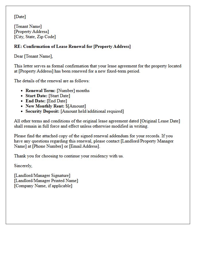 Fixed-Term Lease Renewal Agreement Confirmation Letter