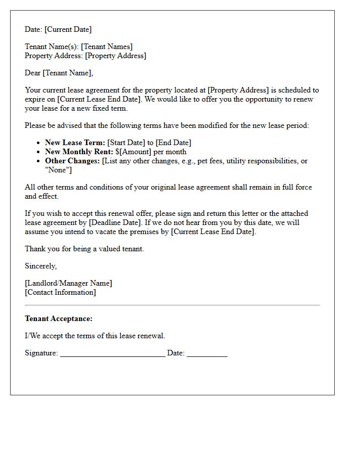 Fixed-Term Lease Renewal Letter With Modified Terms