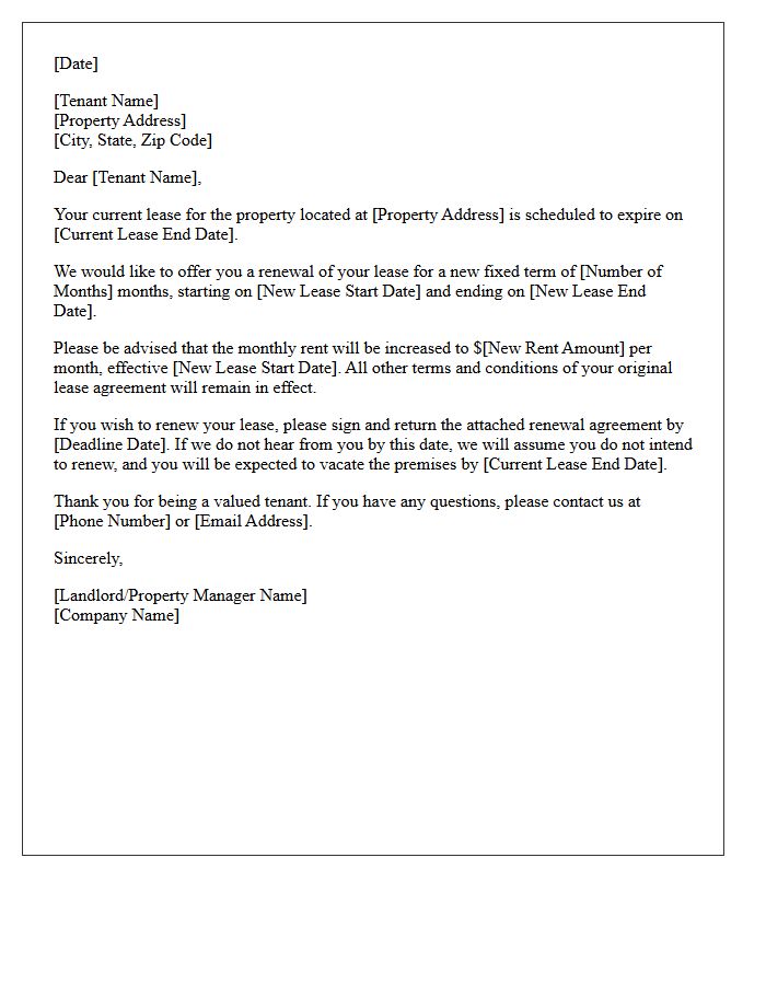 Fixed-Term Lease Renewal Letter With Rent Increase