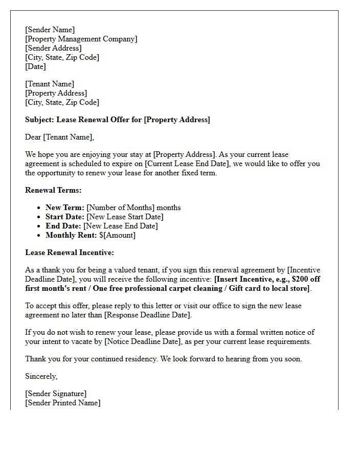 Fixed-Term Lease Renewal Letter With Tenant Incentive