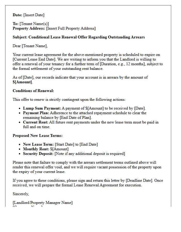 Arrears Settlement Conditional Lease Renewal Offer Letter
