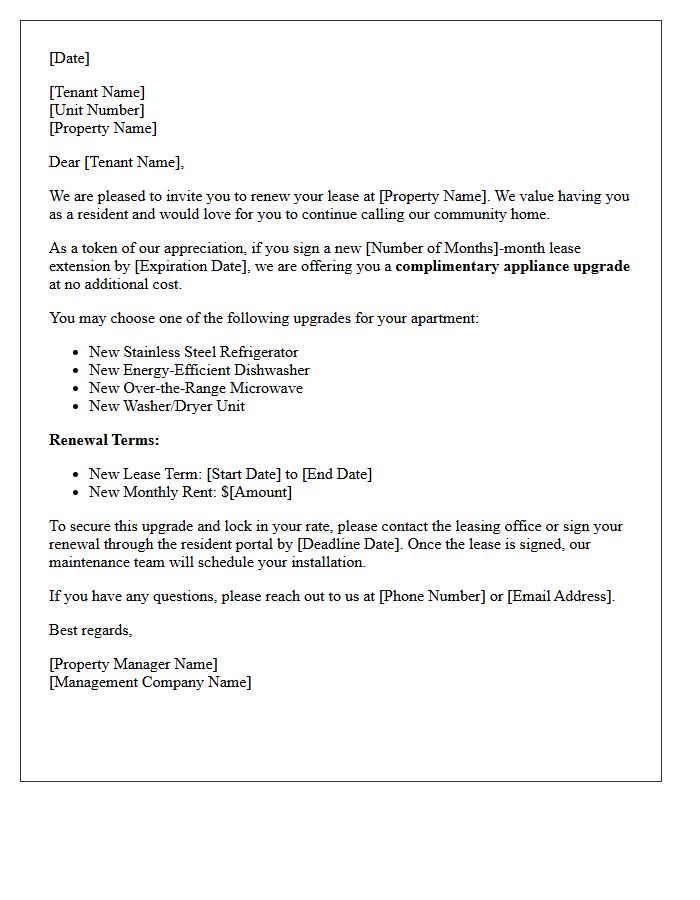 Complimentary Appliance Upgrade Lease Renewal Offer Letter
