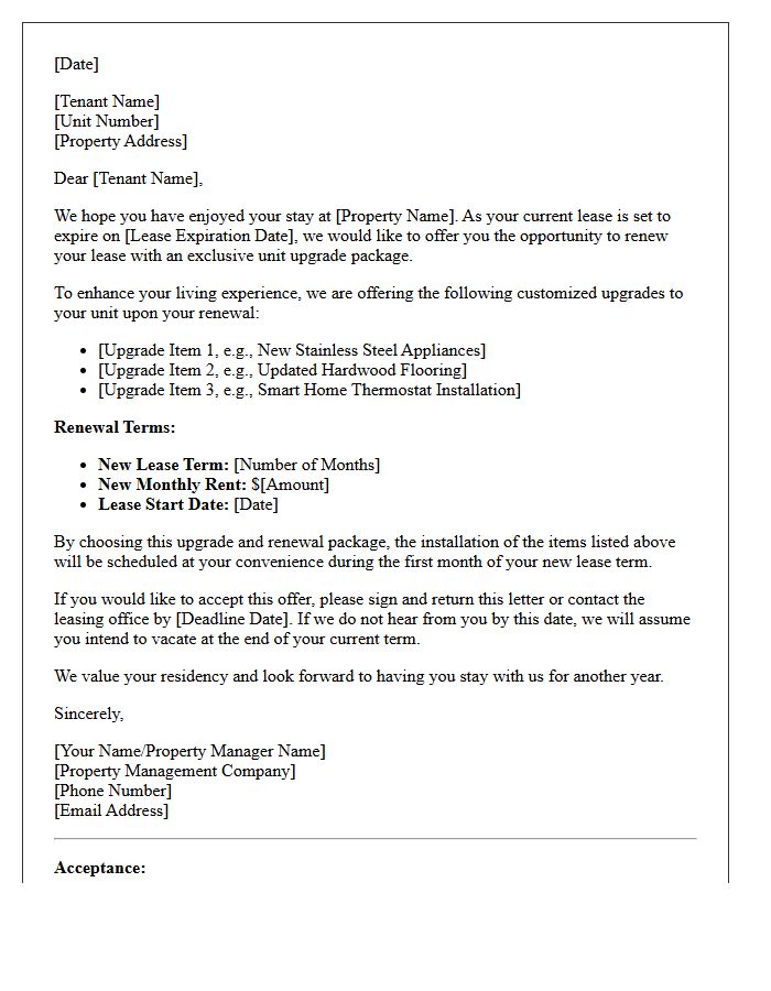 Customized Unit Upgrade And Lease Renewal Offer Letter