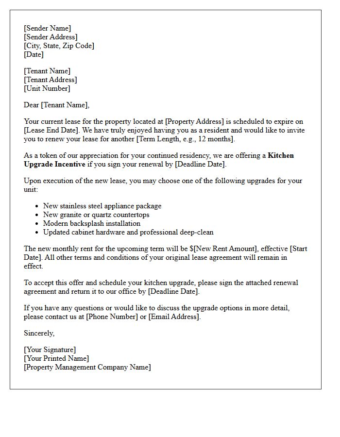 Lease Renewal Letter With Kitchen Upgrade Incentive