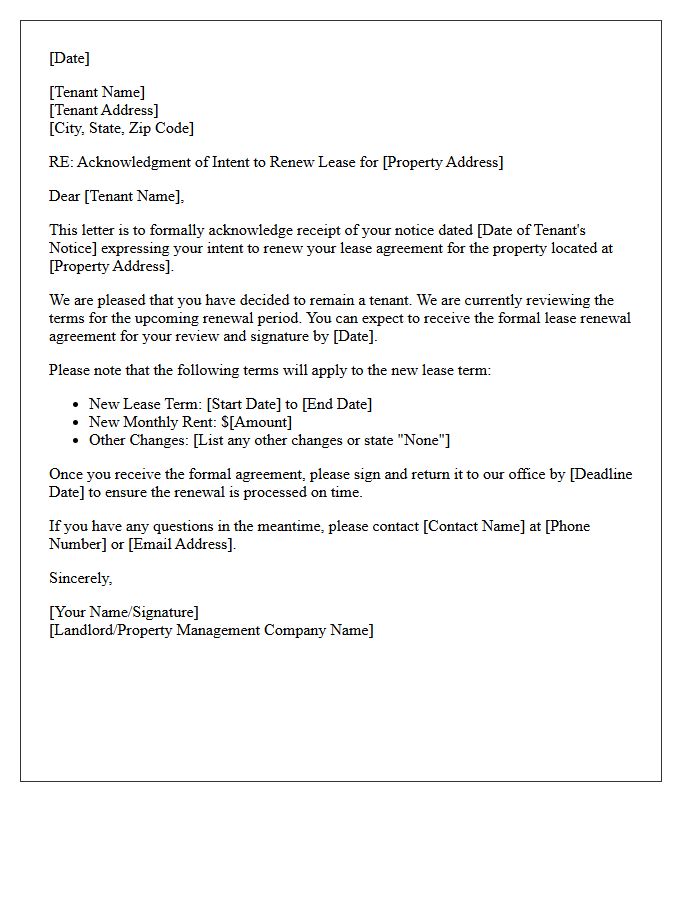 Tenant Intent to Renew Acknowledgment Letter