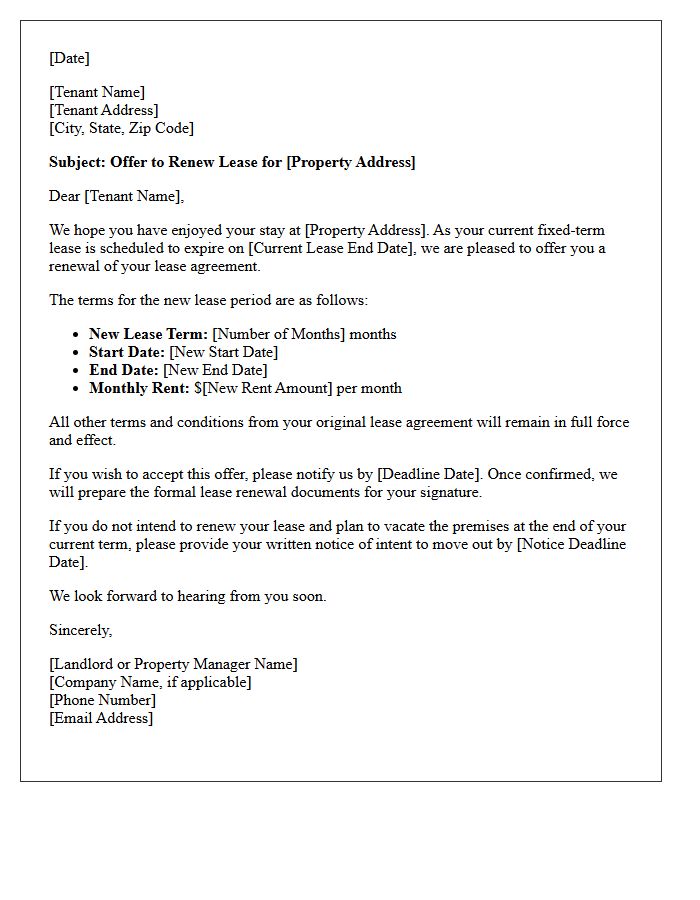 Fixed-Term Property Lease Renewal Offer Letter