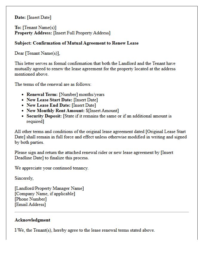 Mutual Agreement Lease Renewal Confirmation Letter