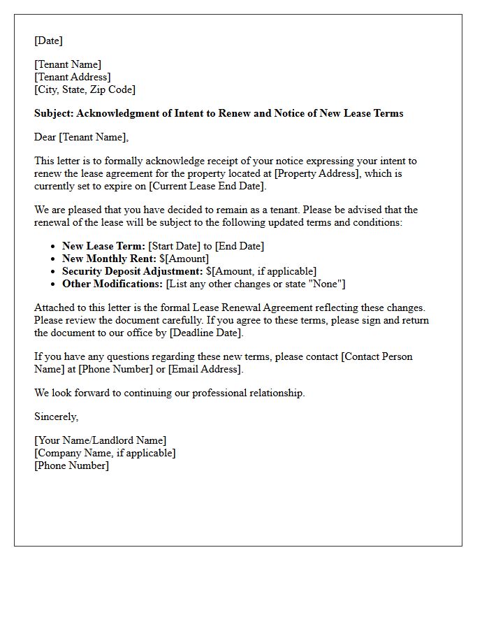 Acknowledgment Of Intent To Renew With New Lease Terms Letter
