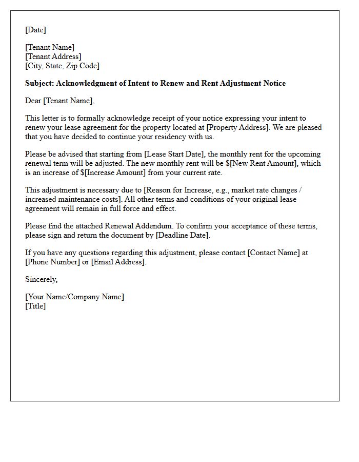 Acknowledgment Of Intent To Renew With Rent Adjustment Letter