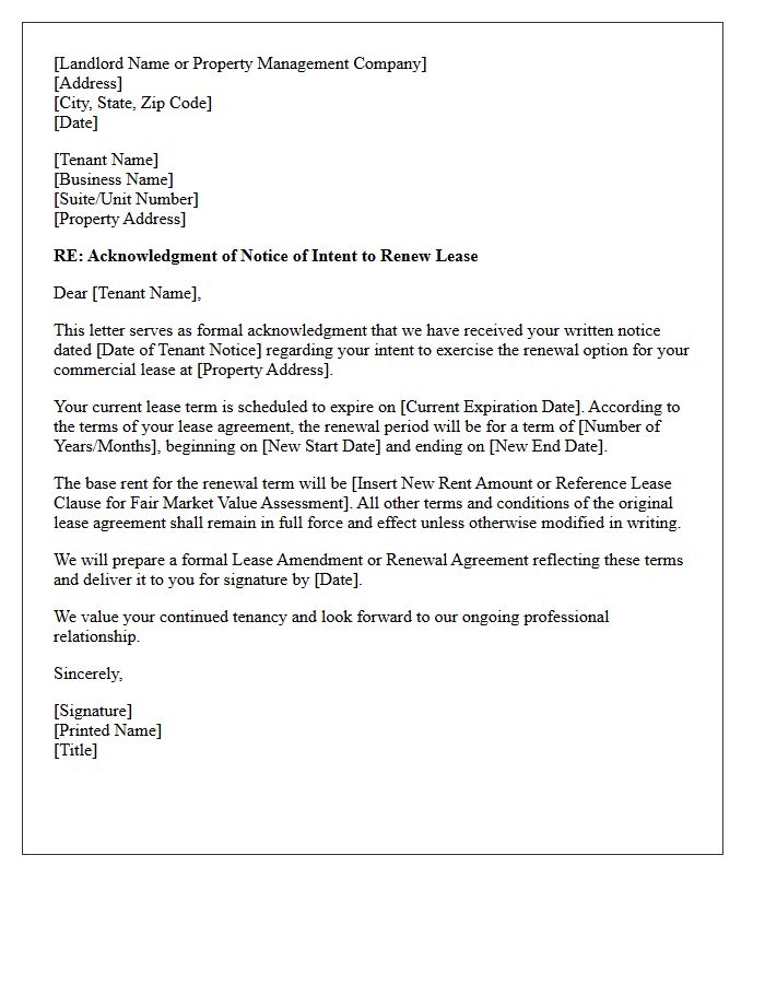 Commercial Tenant Intent To Renew Acknowledgment Letter