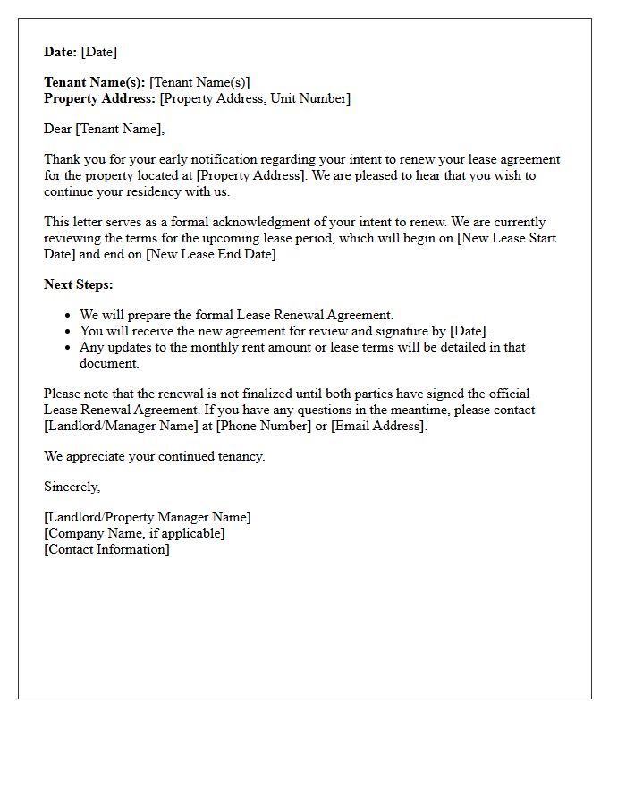 Early Acknowledgment Of Tenant Intent To Renew Letter