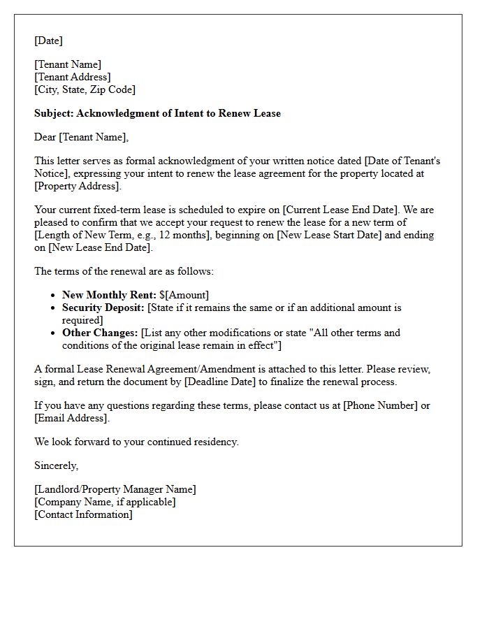 Fixed Term Lease Renewal Intent Acknowledgment Letter