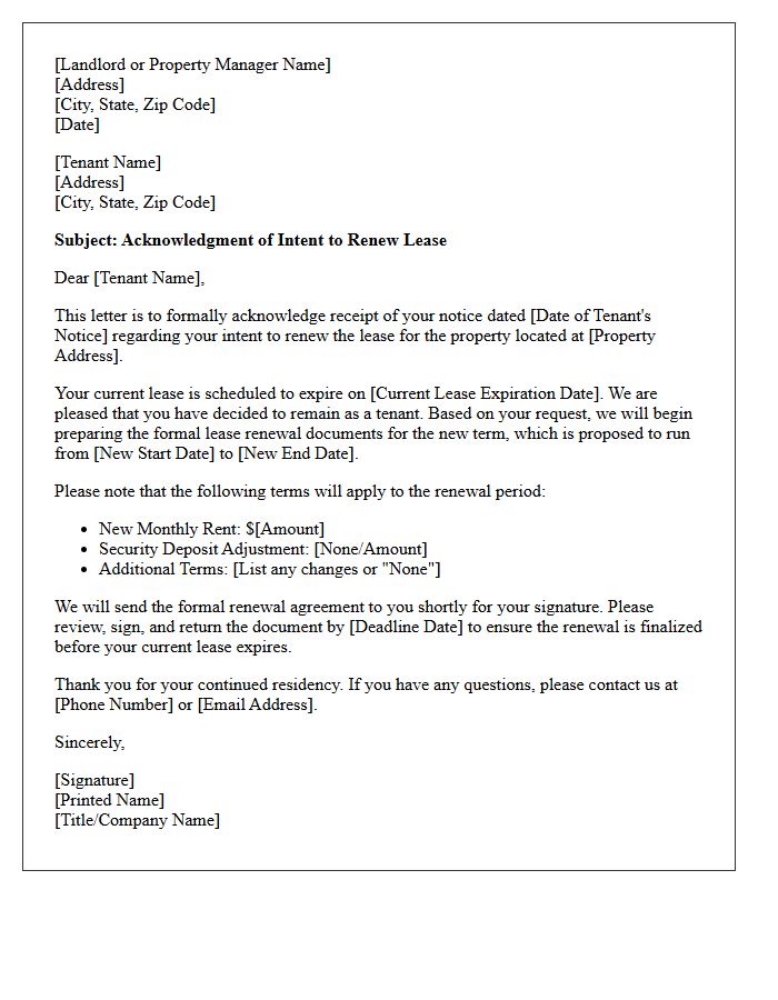 Formal Acknowledgment Of Tenant Lease Renewal Intent Letter