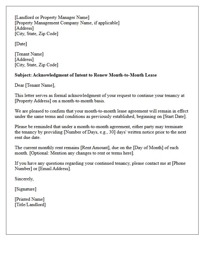 Intent To Renew Month-To-Month Lease Acknowledgment Letter