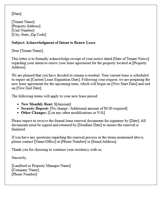 Residential Tenant Intent To Renew Acknowledgment Letter