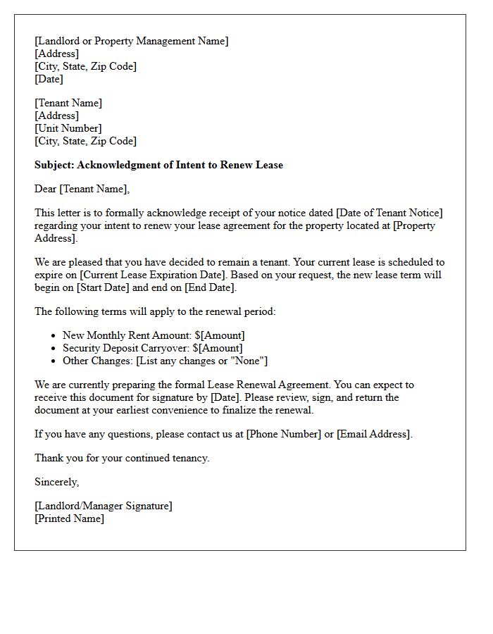 Standard Acknowledgment Of Tenant Intent To Renew Letter