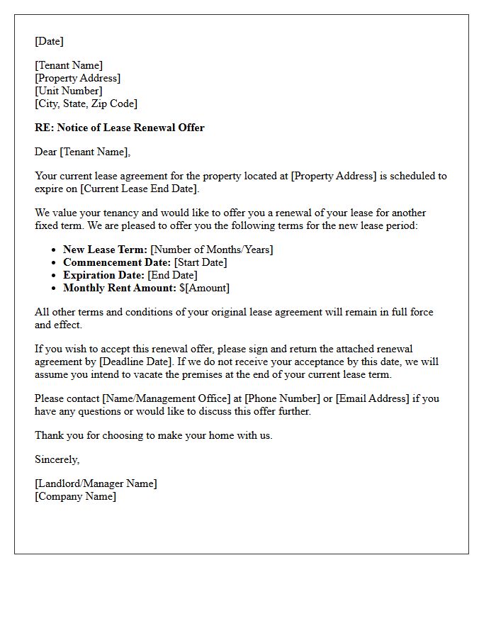 Fixed-Rate Lease Renewal Offer Letter for Continued Tenancy