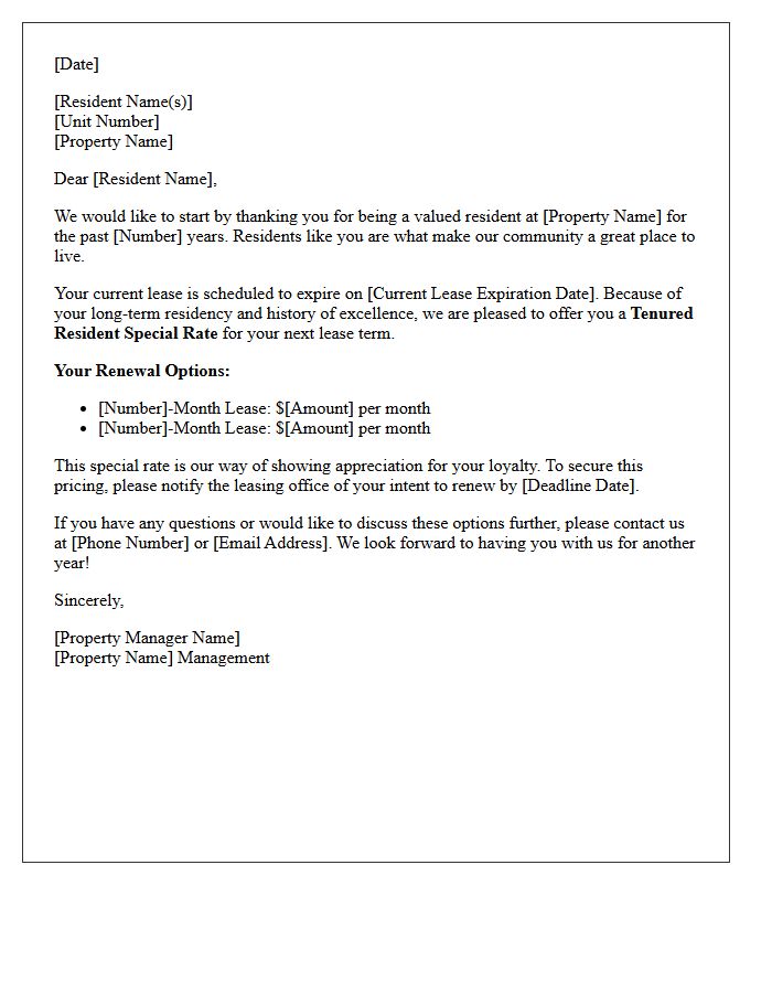 Special Rate Lease Renewal Letter for Tenured Residents