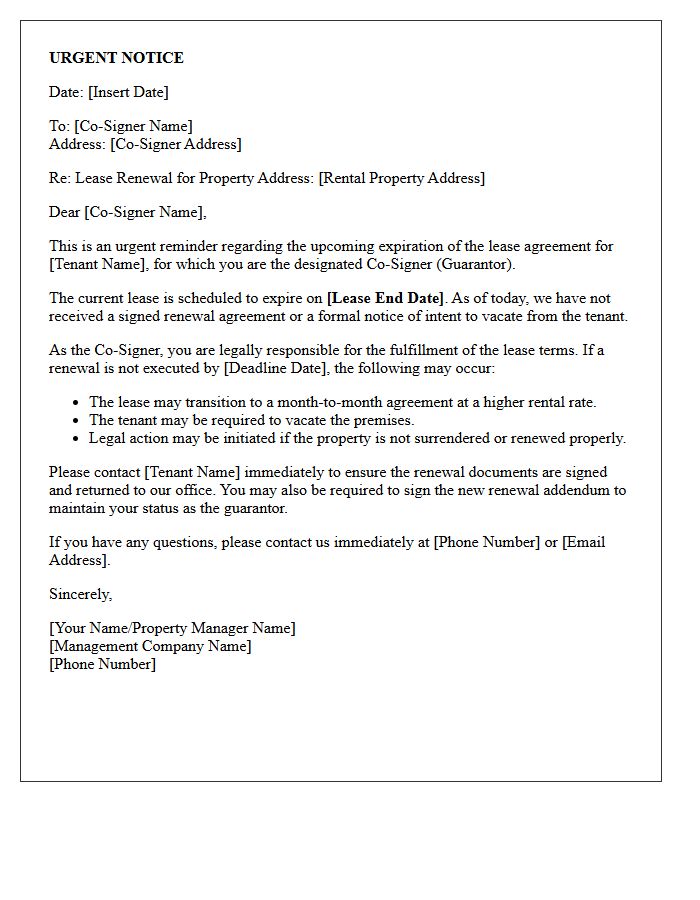 Urgent Lease Renewal Reminder Letter For Co-Signers