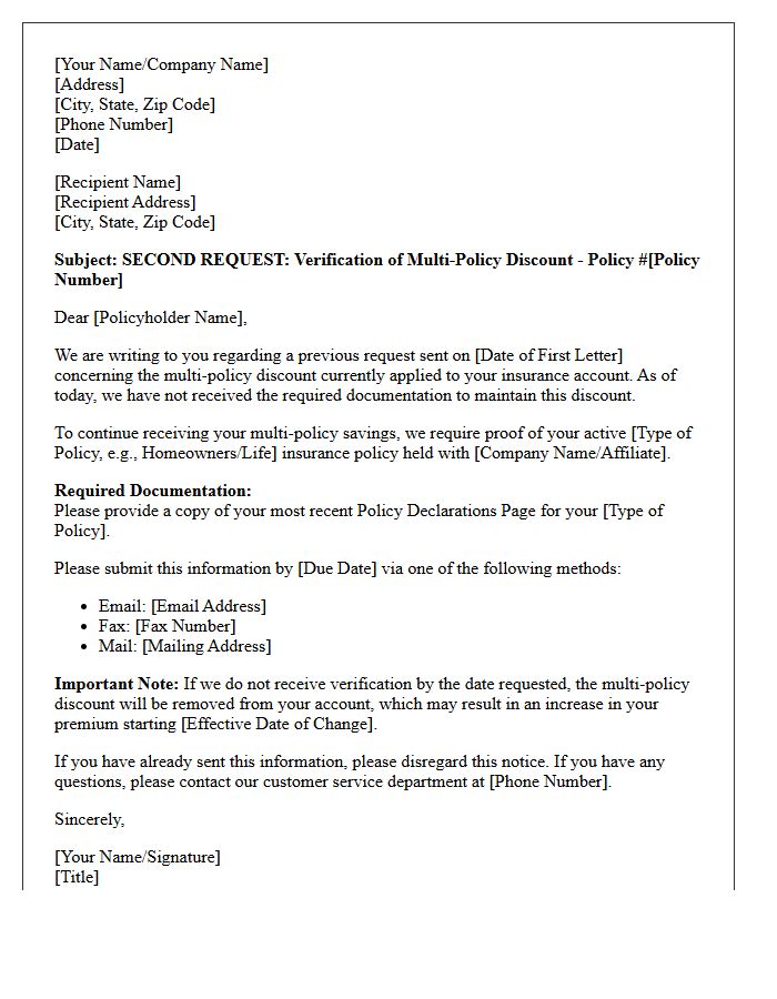 Second Request Multi-Policy Discount Verification Letter