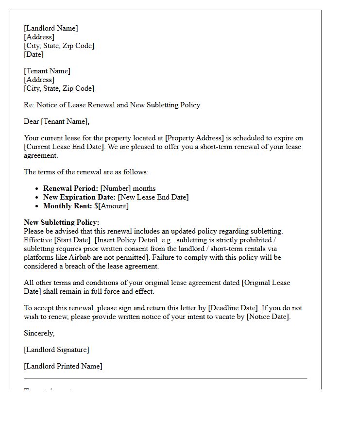Short-Term Lease Renewal With New Subletting Policy Letter