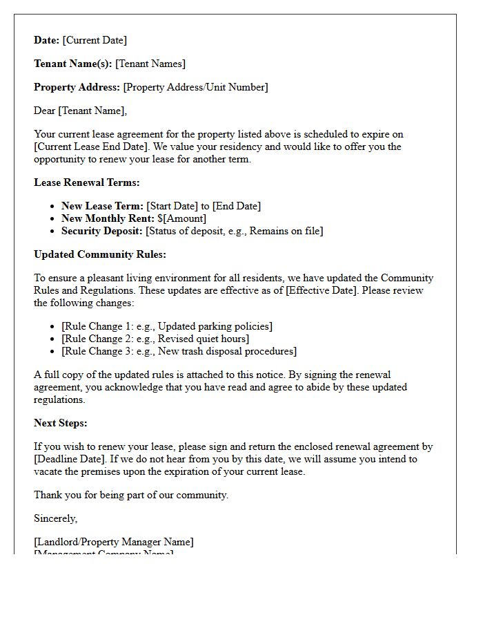 Tenant Lease Renewal Notice And Updated Community Rules Letter