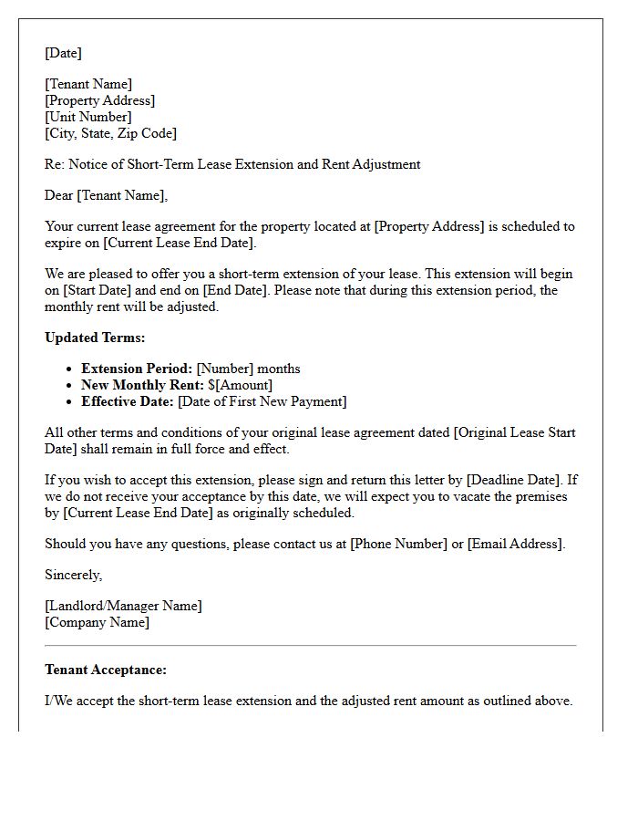 Adjusted Rent Short-Term Extension Lease Renewal Letter