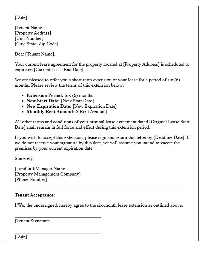 Six-Month Short-Term Extension Lease Renewal Letter