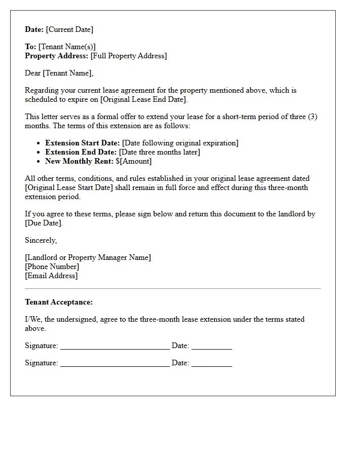 Three-Month Short-Term Extension Lease Renewal Letter