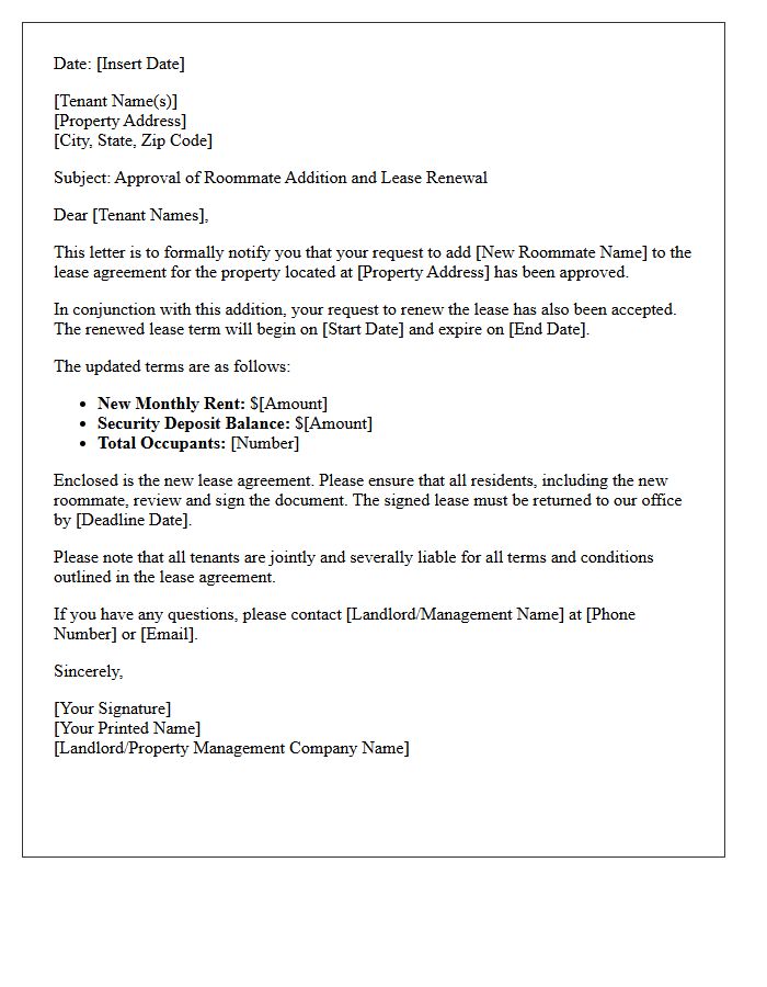 Roommate Addition Lease Renewal Approval Letter