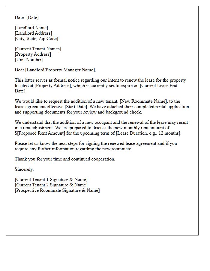 Roommate Addition Lease Renewal Rent Adjustment Letter