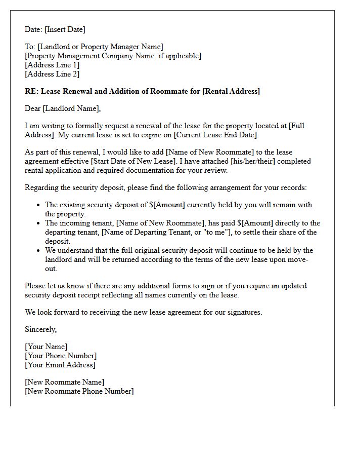 Roommate Addition Lease Renewal Security Deposit Letter