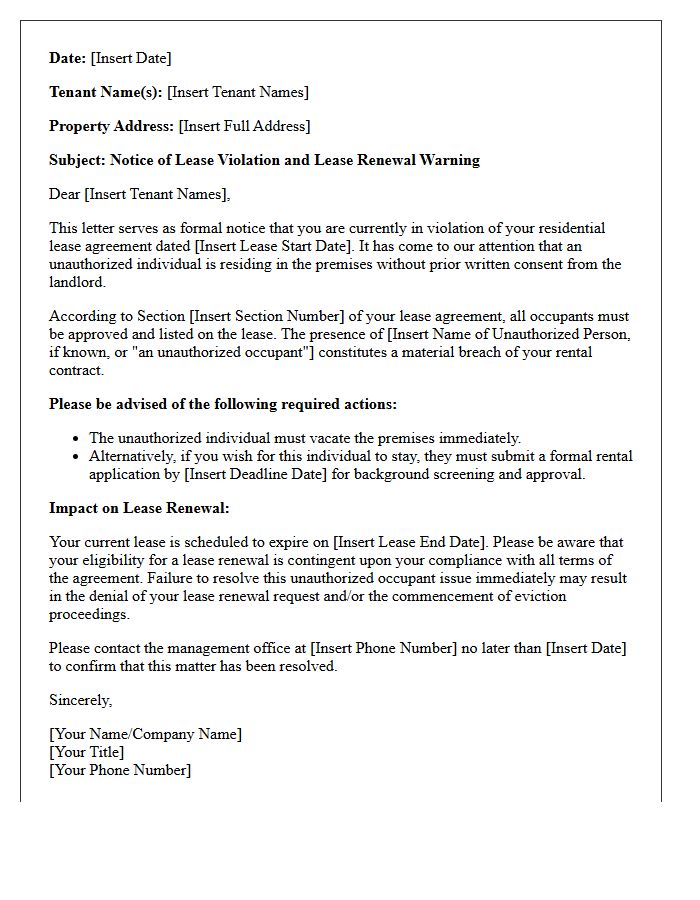 Unauthorized Roommate Addition Lease Renewal Warning Letter